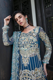 New Luxury Pakistani Wedding Dress Embroidered Gown Pishwas in Blue Shade 2023