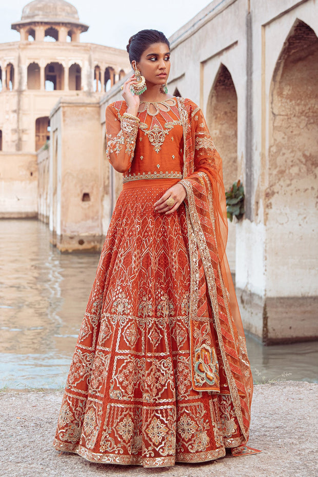 New Luxury Pakistani Wedding Dress in Lehenga Choli Style in Orange Shade 2023