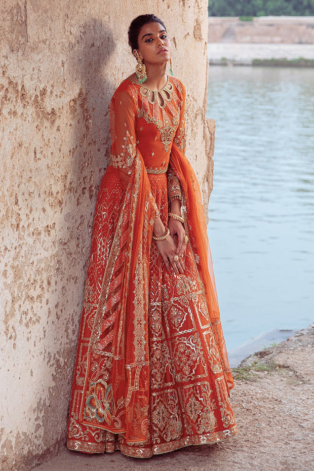 New Luxury Pakistani Wedding Dress in Lehenga Choli Style in Orange Shade