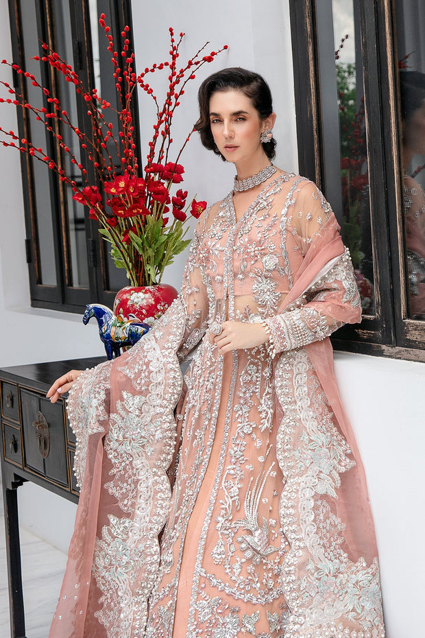 New Luxury Pakistani Wedding Wear Embroidered Peach Pink Pishwas Frock 2023