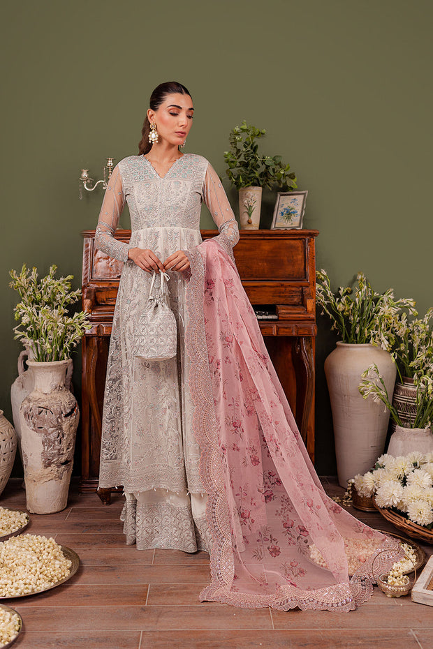 New Luxury Silver Embroidered Pakistani Wedding Dress in Frock Trousers Style