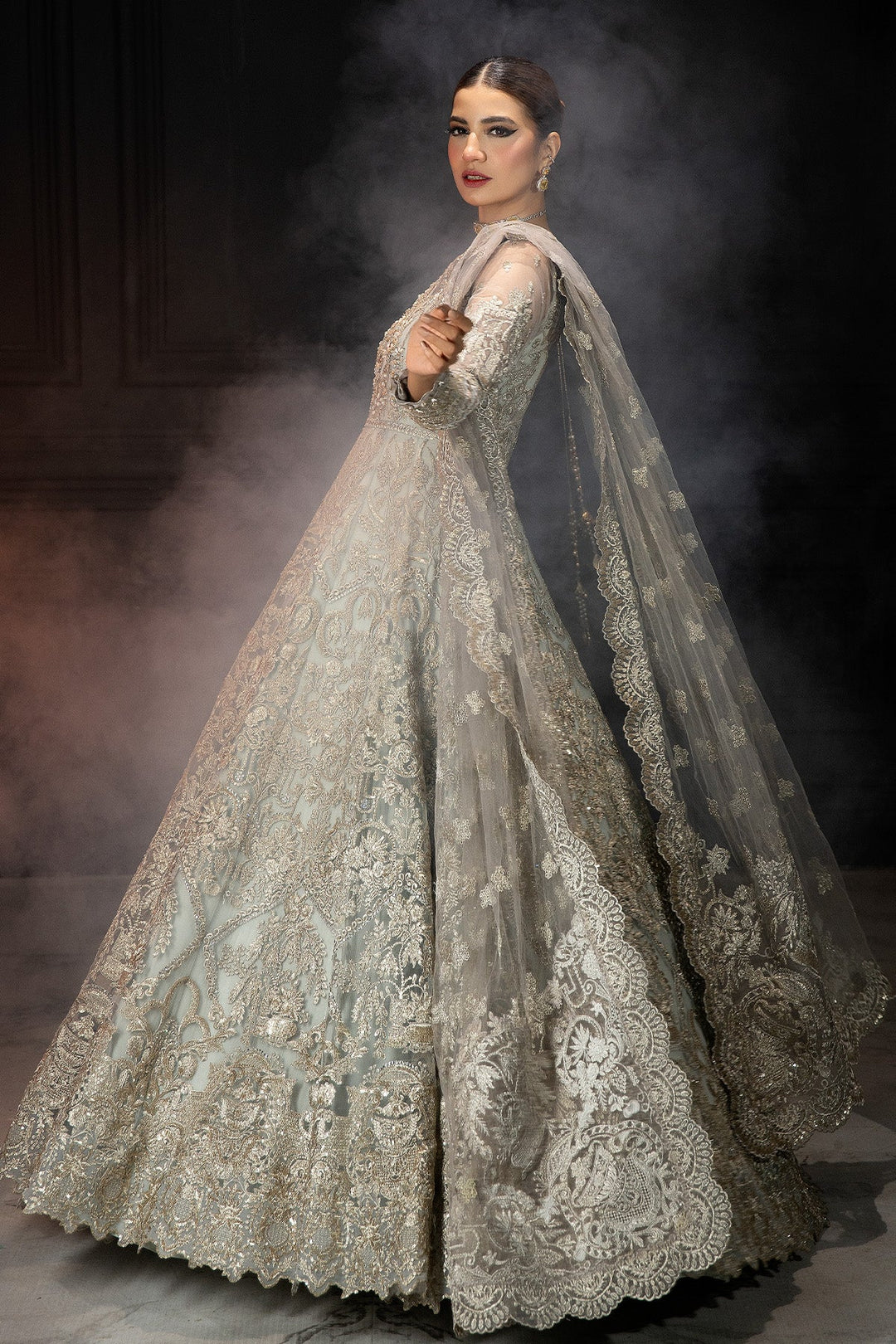 New Luxury Sky Blue Silver Embroidered Pakistani Wedding Dress Pishwas
