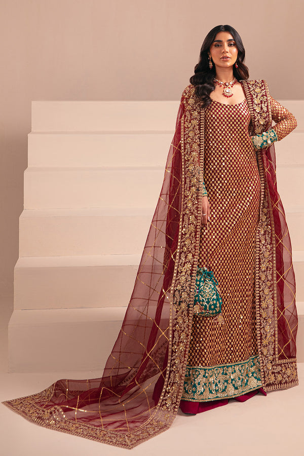 New Maroon Gold Embroidered Pakistani Wedding Dress Long Kameez Sharara 2023