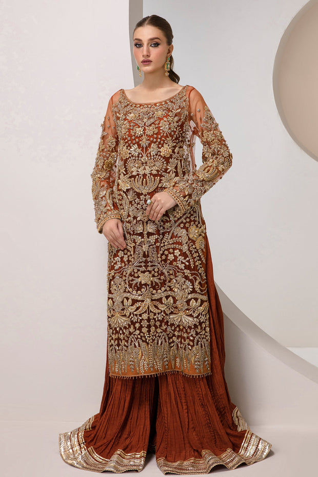 New Maroon Long Kameez Pakistani Wedding Dress in Crushed Sharara Style 2023