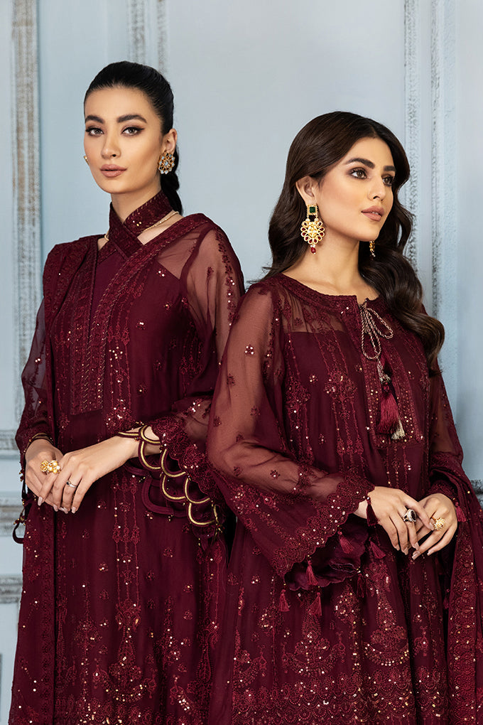 New Maroon Net Heavily Embroidered Pakistani Gown Style Party Dress