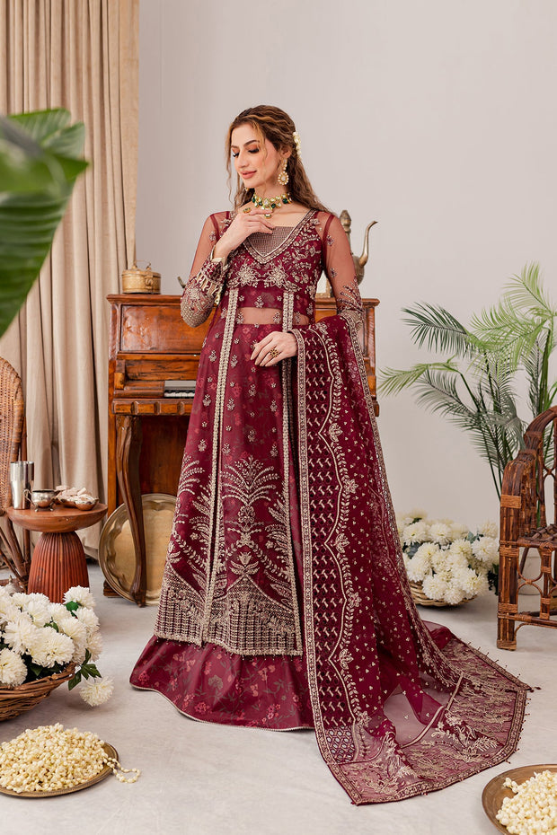 New Maroon Red Embroidered Pakistani Wedding Dress Long Frock Lehenga 2023