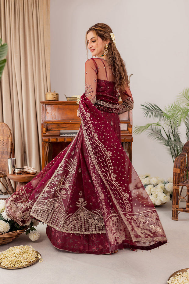 New Maroon Red Embroidered Pakistani Wedding Dress Long Frock Lehenga