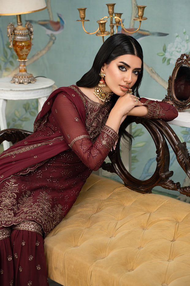 New Maroon Shade Embroidered Pakistani Party Wear Sharara Kameez