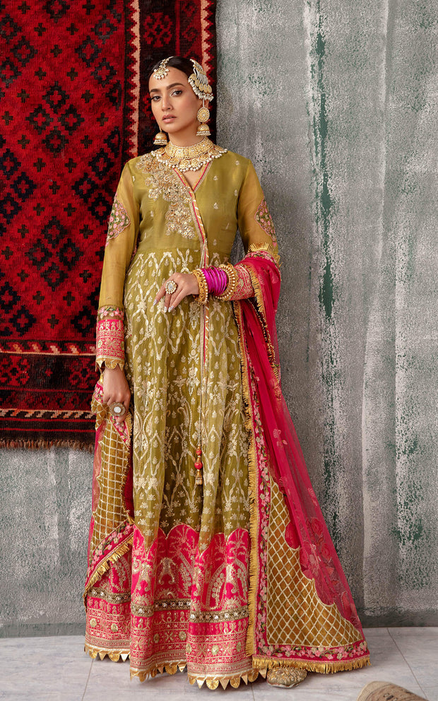 New Mehndi Green Embellished Pishwas Style Pakistani Wedding Dress 2023