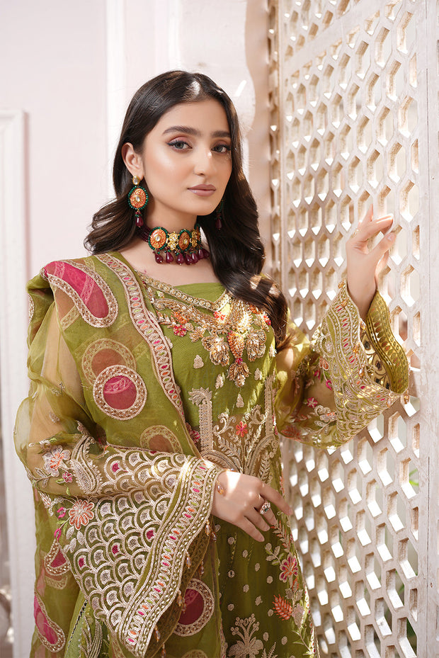 New Mehndi Green Embroidered Pakistani Wedding Dress Kmaeez Gharara 2023