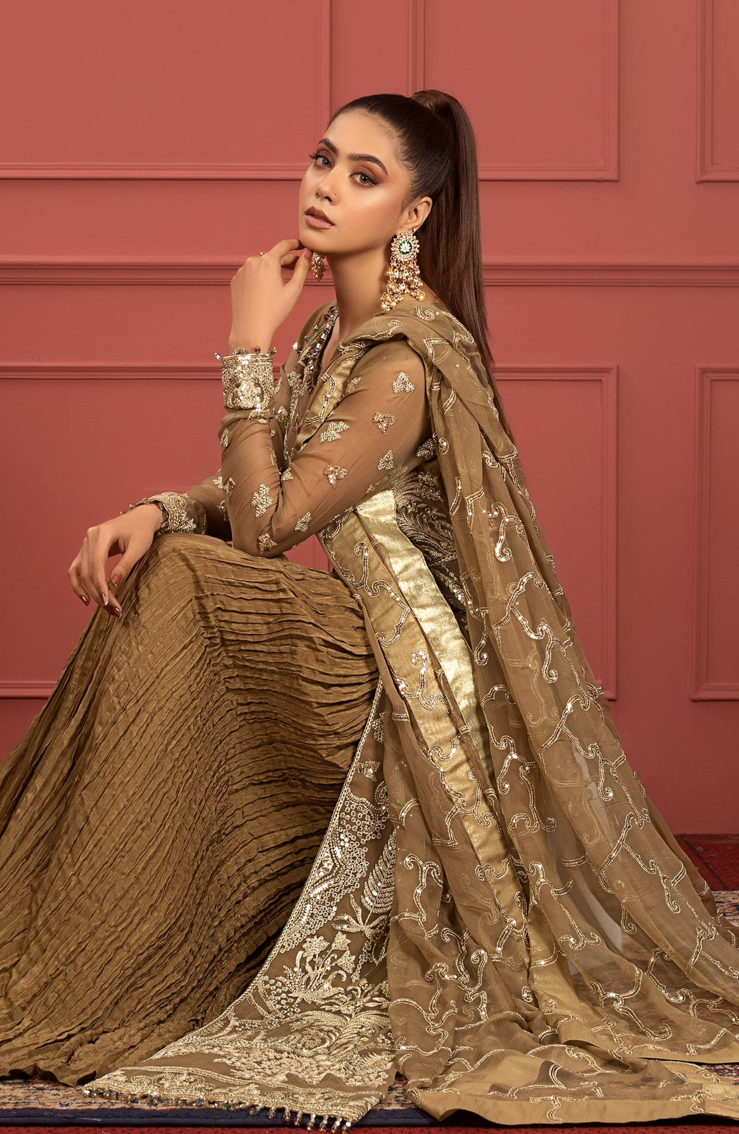 New Mendi Brown Heavily Embellished Pakistani Long Shirt Party Wear
