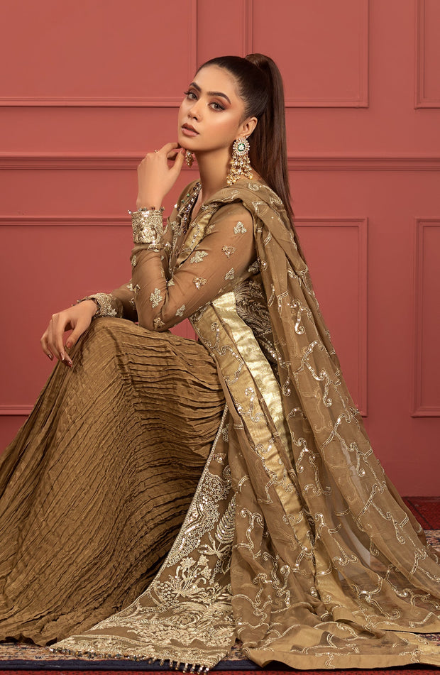 New Mendi Brown Heavily Embellished Pakistani Long Shirt Party Wear