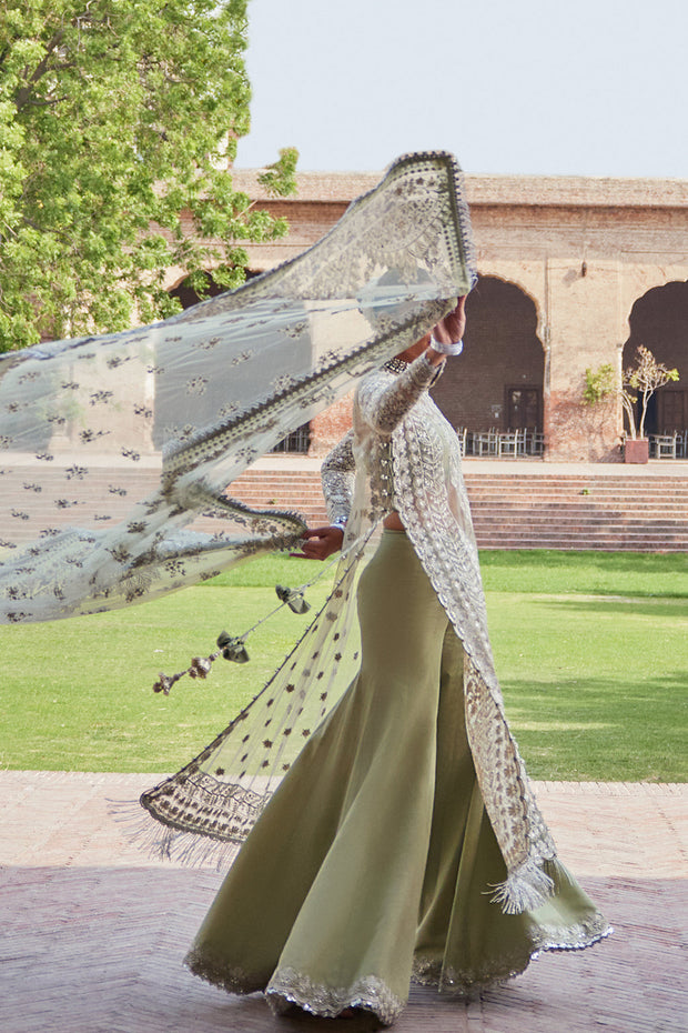New Mint Green Embroidered Pakistani Wedding Dress in Gown Gharara Style