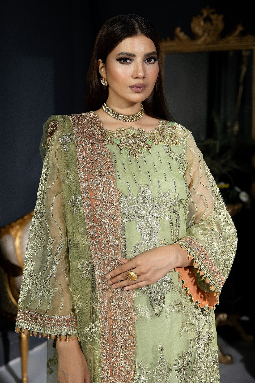 New Mint Green Embroidered Pakistani Wedding Dress in Kameez Trousers Style