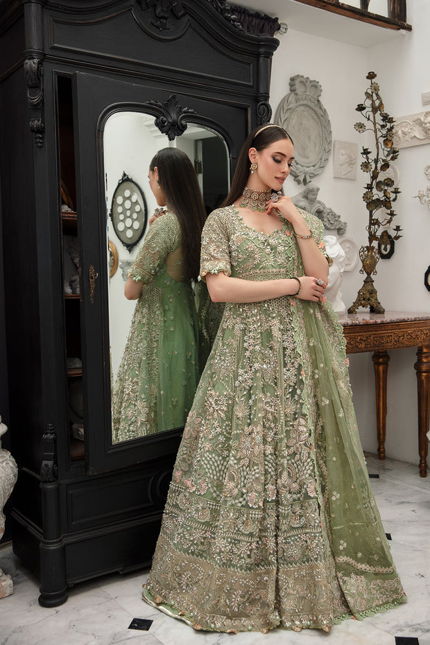 New Mint Green Heavily Embellished Pakistani Wedding Dress in Pishwas Style 2023