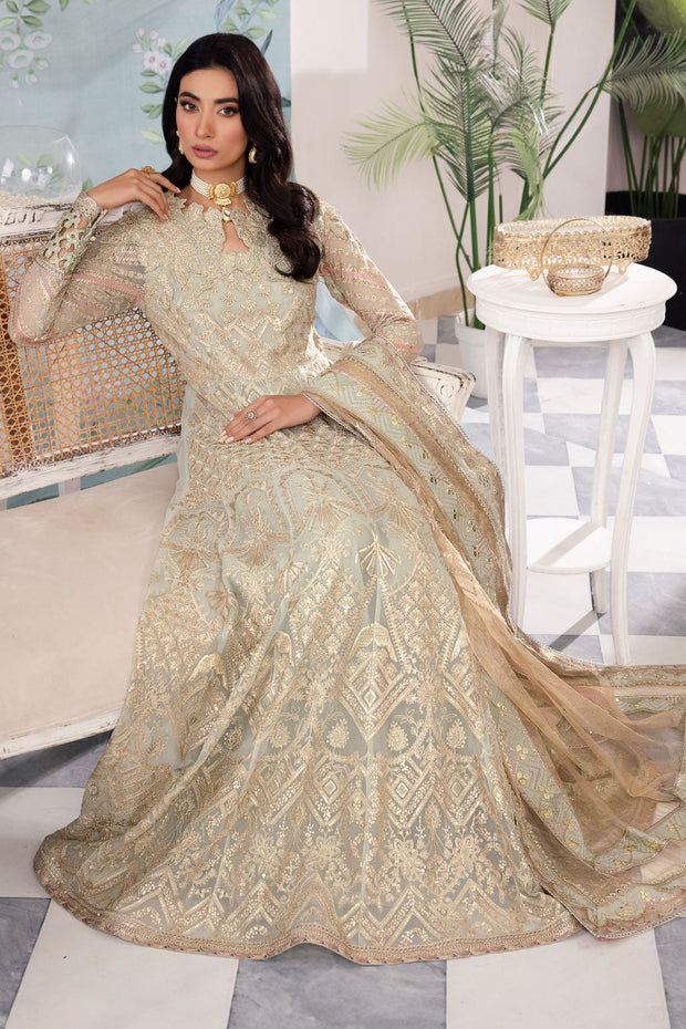 New Mint Green Shade Gold Embellished Pakistani Wedding Dress Pishwas