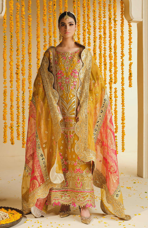 New Multicolored Embroidered Yellow Pakistani Kameez wedding Dress
