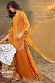 New Mustard Orange Embroidered Pakistani Kameez Sharara Party Dress