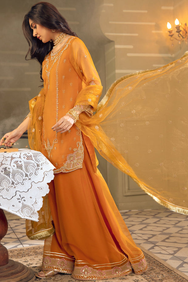 New Mustard Orange Embroidered Pakistani Kameez Sharara Party Dress