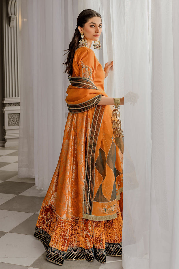 New Mustard Orange Embroidered Pakistani Long Pishwa Dupatta Party Dress