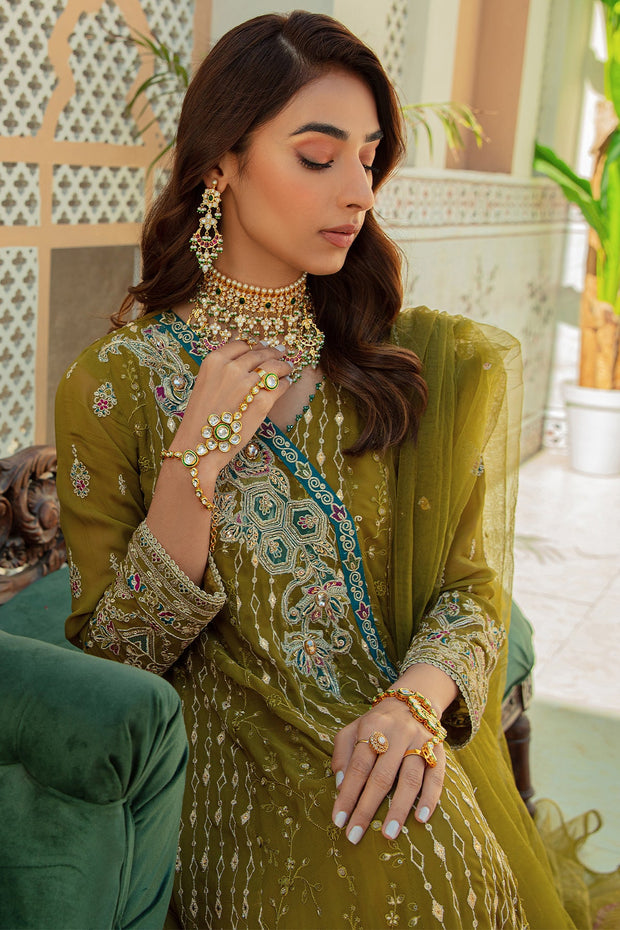 New Olive Green Embroidered Pakistani Wedding Dress Pishwas Frock Style 2023