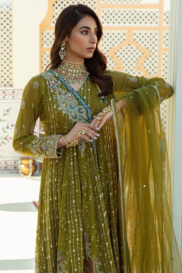 Olive Green Pakistani Wedding Dress Pishwas Frock Style Nameera by Farooq Olive Green Pakistani Wedding Dress Pishwas Frock Style Nameera by Farooq