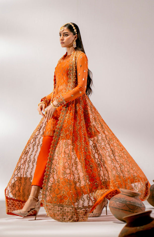 New Orange Embroidered Pakistani Wedding Dress in Gown Capri Shirt Style