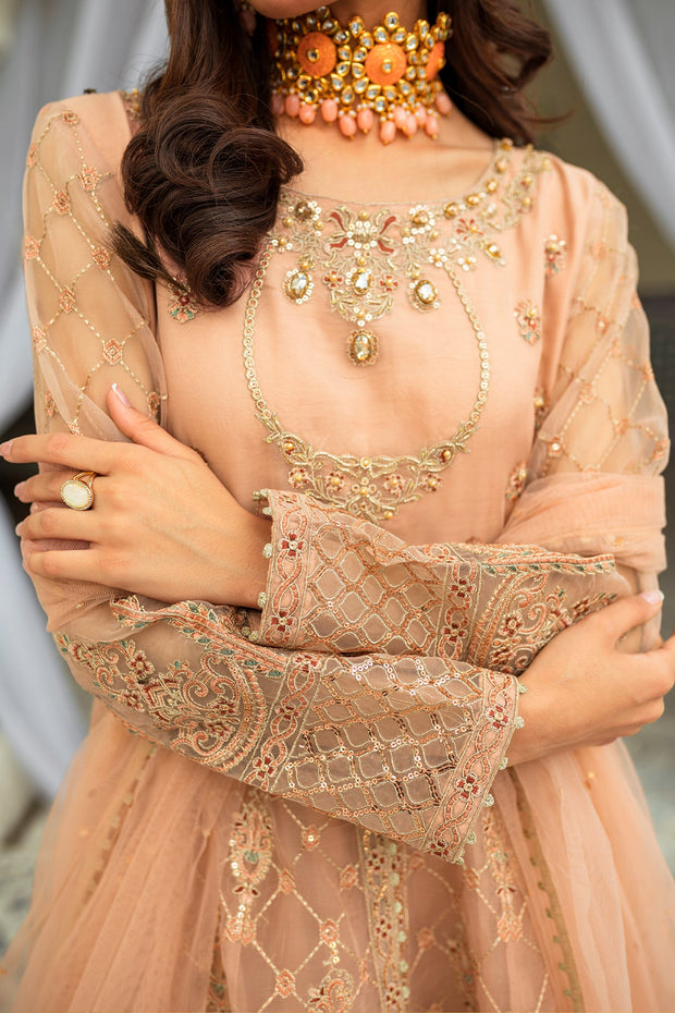 New Peach Embroidered Double Layered Pishwas Pakistani Wedding Dress
