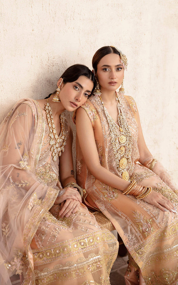 New Peach Hand Embellished Pakistani Party Dress in Kameez Gharara Style 2023