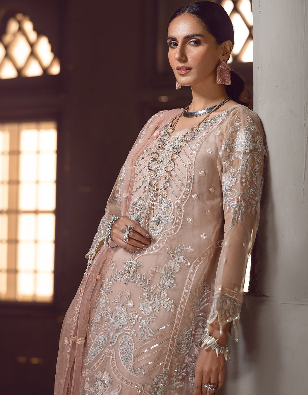 New Peach Heavily Embroidered Long Pakistani Kameez Salwar Suit Dupatta