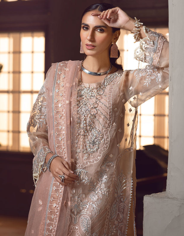 New Peach Heavily Embroidered Long Pakistani Kameez Salwar Suit Dupatta 2023