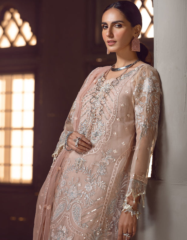 New Peach Heavily Embroidered Long Pakistani Kameez Salwar Suit Dupatta