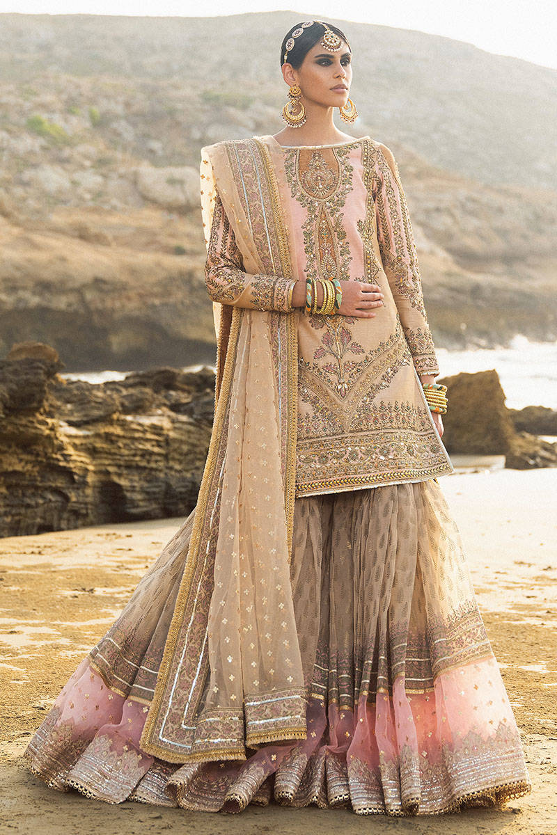 New Peach Pink Embroidered Pakistani Wedding Dress in Sharara Style