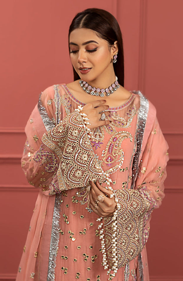 New Peach Pink Heavily Embroidered Pakistani Salwar Kameez Party Wear
