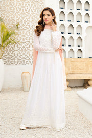 New Pearl White Pakistani Embroidered Long Frock with Peach Dupatta