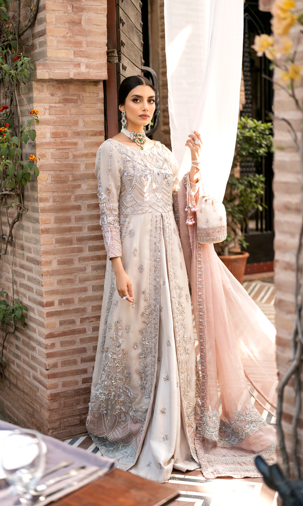 Elegant Offwhite Pakistani Bridal Dress with Peach Accents