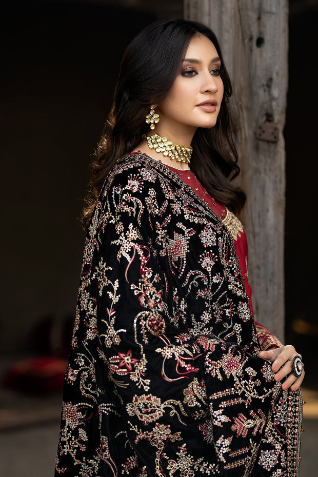 New Red Luxury Embroidered Velvet Black Shawl Pakistani Wedding Dress