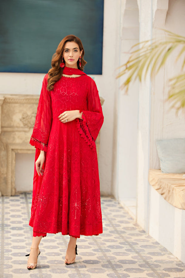 New Rose Red Embroidered Pakistani Long Frock with Dupatta Party Dress 2023