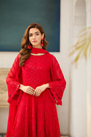 New Rose Red Embroidered Pakistani Long Frock with Dupatta Party Dress