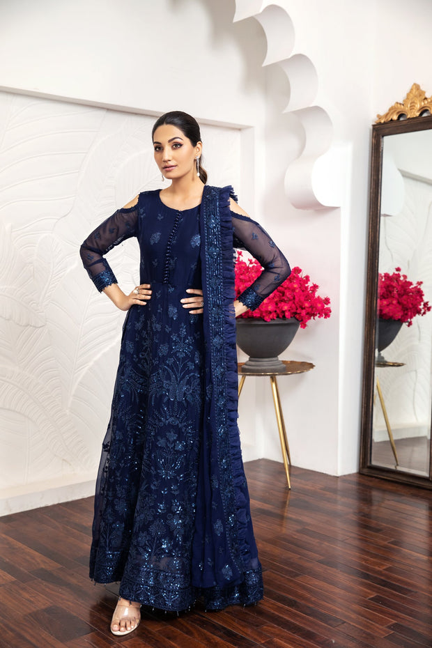 New Royal Blue Embroidered Pakistani Pishwas Dupatta Party Wear