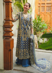 New Royal Bluish Grey Embroidered Pakistani Wedding Dress Kameez Sharara