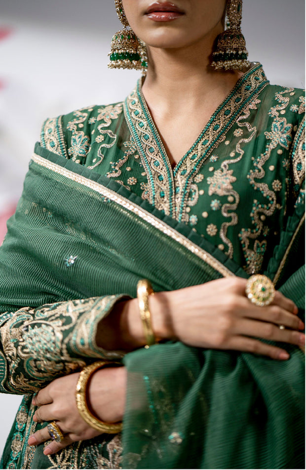 New Royal Bottle Green Embroidered Pakistani Wedding Dress Kameez Sharara