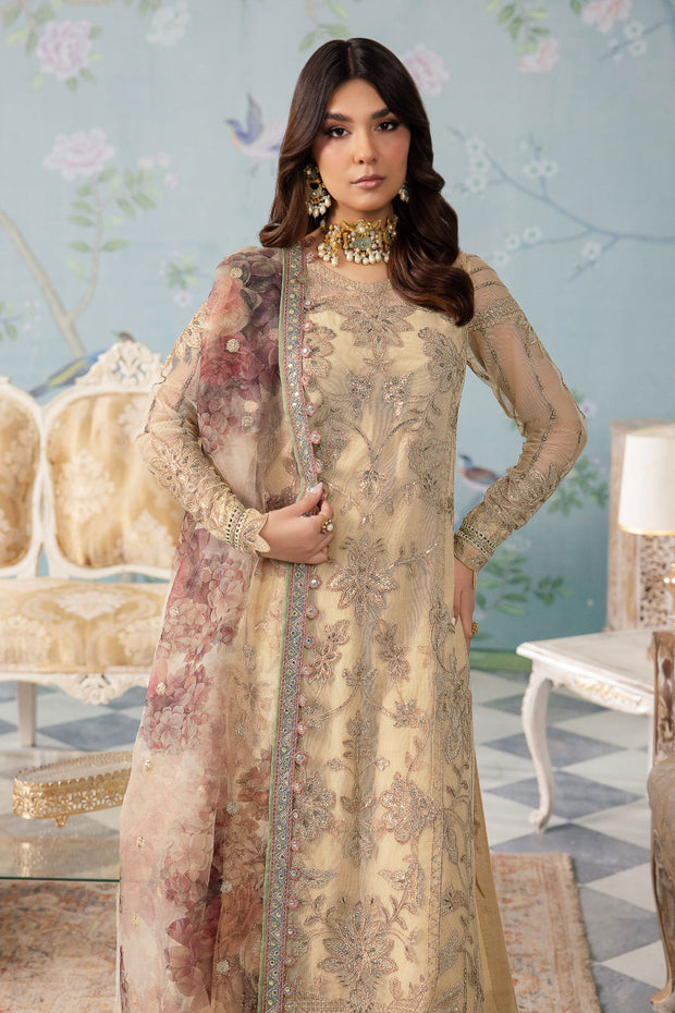 New Royal Embroidered Skin Gold Pakistani Salwar Kameez Dupatta Suit 2024