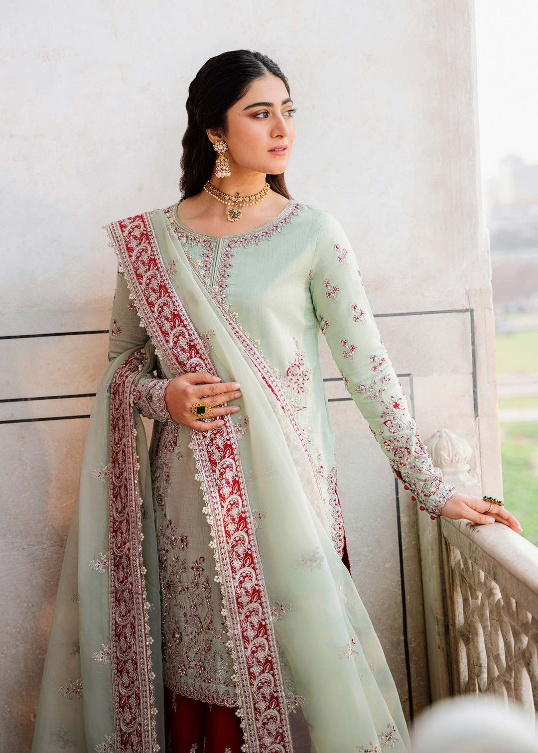 New Royal Ice Blue Pakistani Salwar Kameez Embroidered Red Salwar Suit