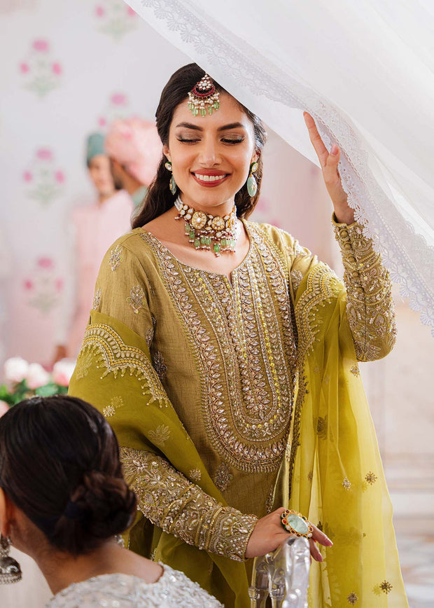 New Royal Mehndi Green Embroidered Pakistani Sharara Kameez in Crushed Style 2024