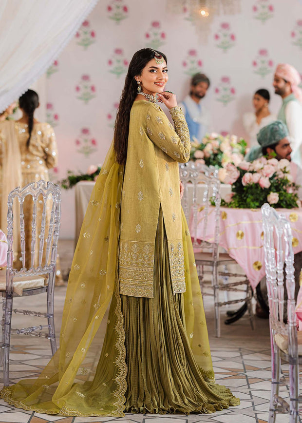 New Royal Mehndi Green Embroidered Pakistani Sharara Kameez in Crushed Style