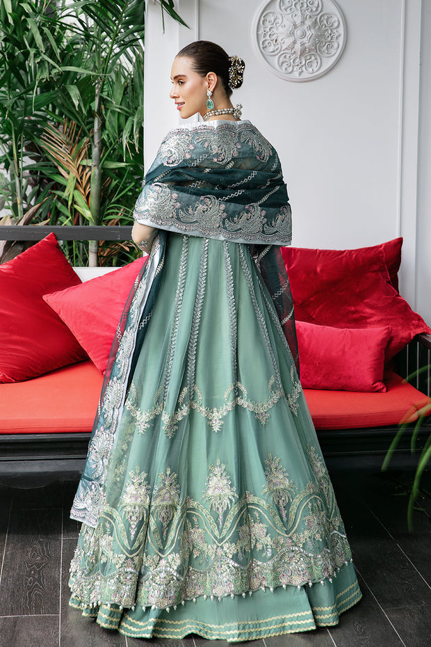 New Sea Green Embroidered Pakistani Wedding Dress in Kalidar Pishwas Style