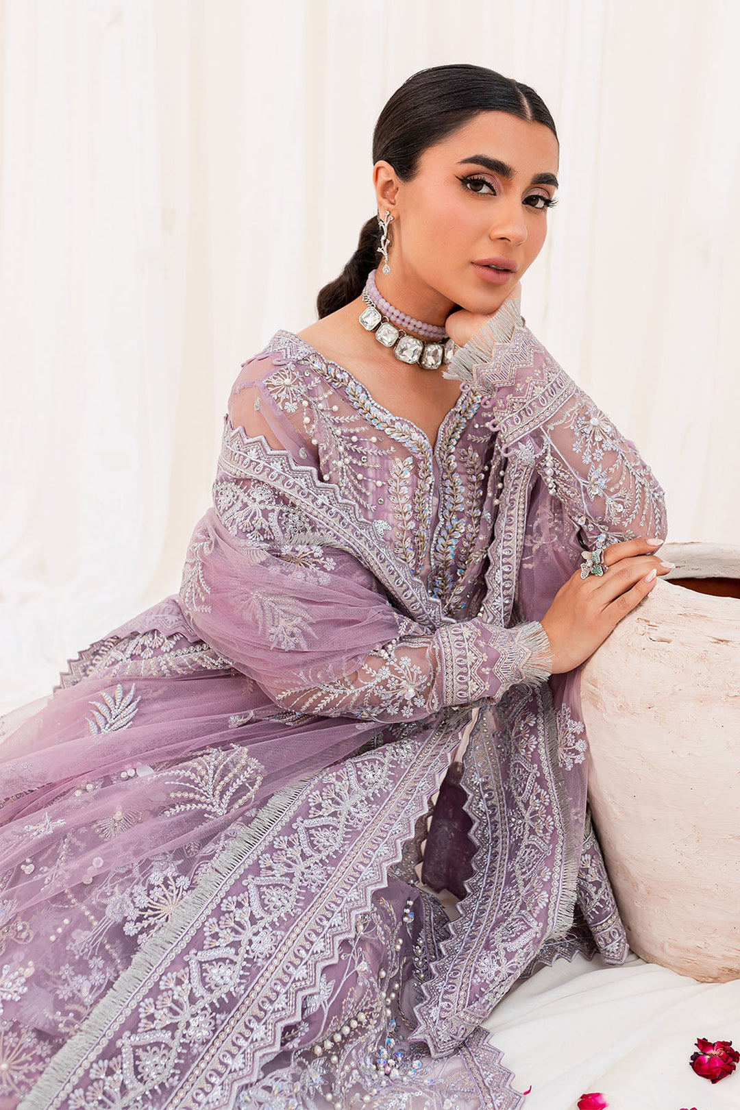 New Silver Embroidered Lilac Pakistani Open Gown Style Wedding Dress