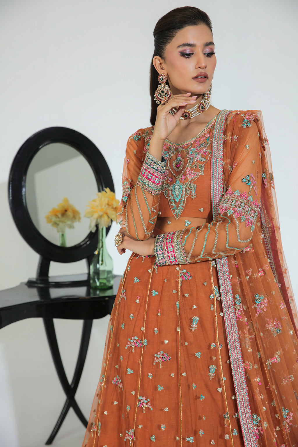 New Sunehri Rust Embroidered Pakistani Wedding Dress in Pishwas Style