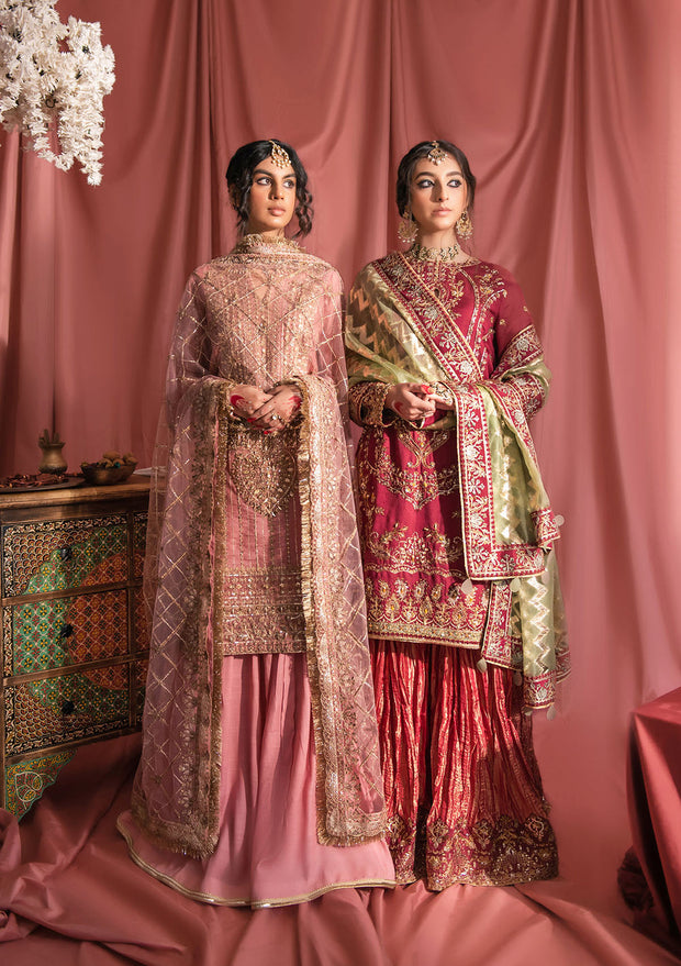 New Tea Pink Embroidered Kameez Sharara Dupatta Pakistan Wedding Dress 2023